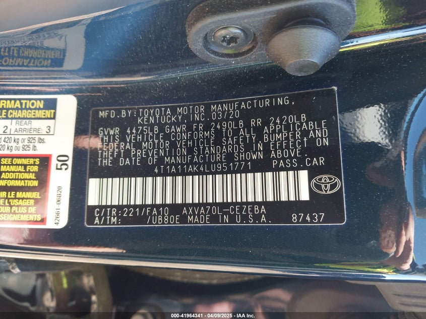2020 TOYOTA CAMRY VIN: 4T1A11AK4LU951771