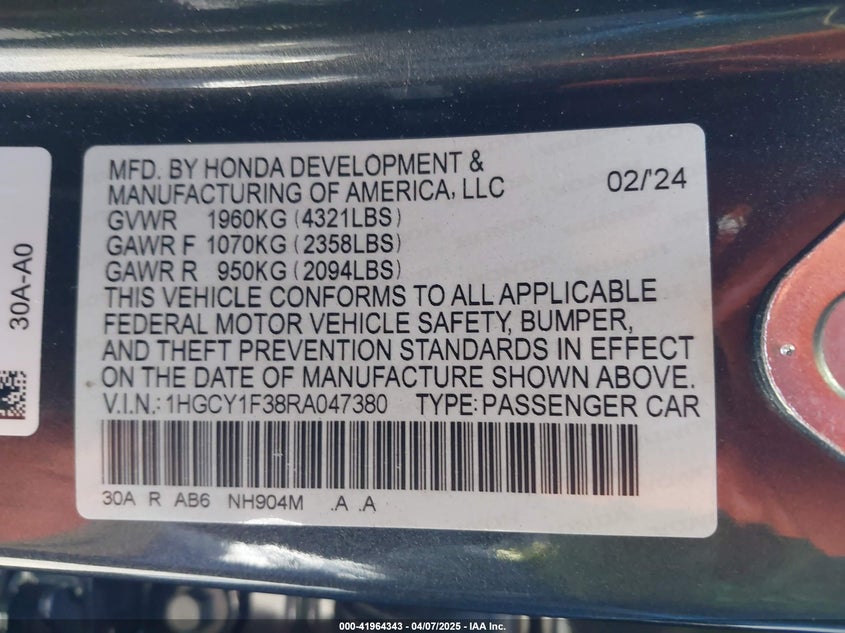 2024 HONDA ACCORD 1.5L I4   N(VIN: 1HGCY1F38RA047380