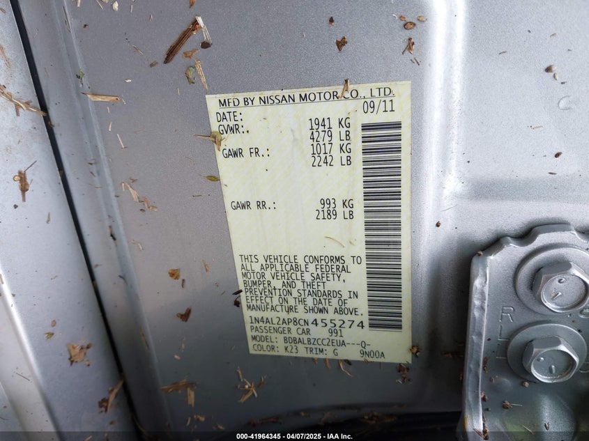 2012 NISSAN ALTIMA VIN: 1N4AL2AP8CN455274