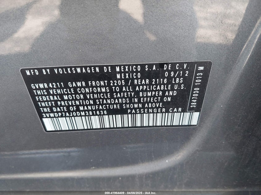 2013 Volkswagen Jetta 2.5L Se VIN: 3VWDP7AJ0DM381636 Lot: 41964409