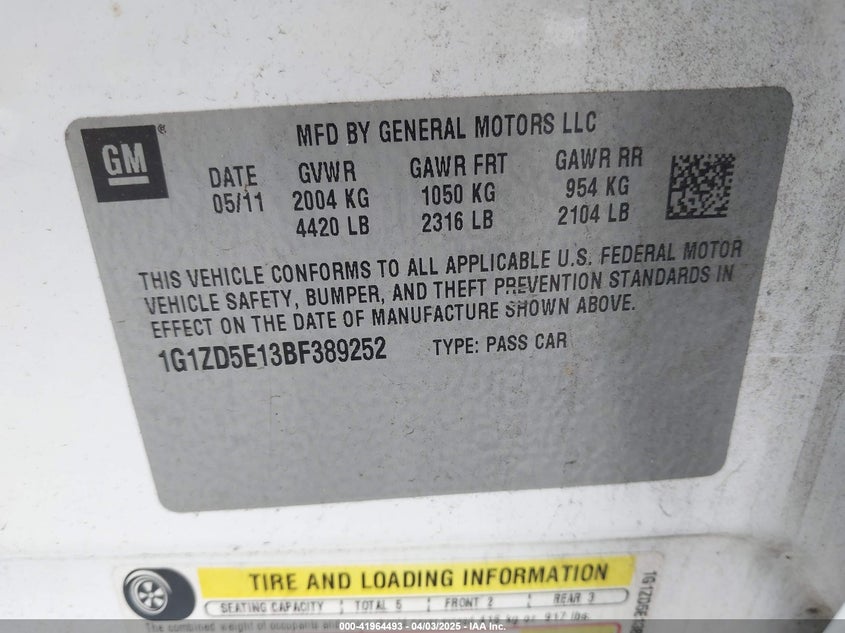 2011 CHEVROLET MALIBU VIN: 1G1ZD5E13BF389252