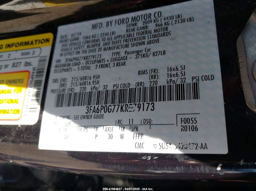 2019 Ford Fusion S VIN: 3FA6P0G77KR279173 Lot: 41964627