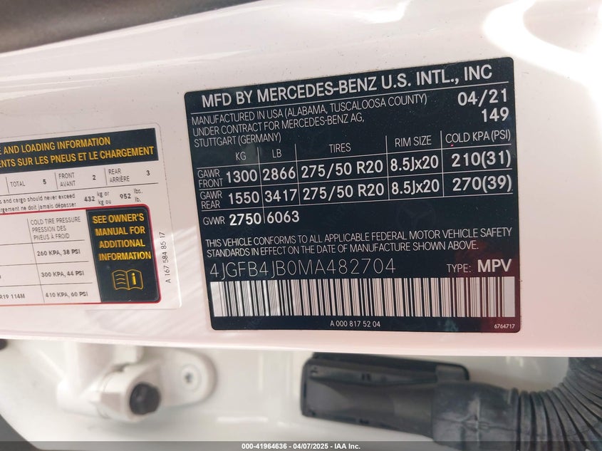 2021 MERCEDES-BENZ GLE 350 2.0L I-4 DI, DOHC, V(VIN: 4JGFB4JB0MA482704