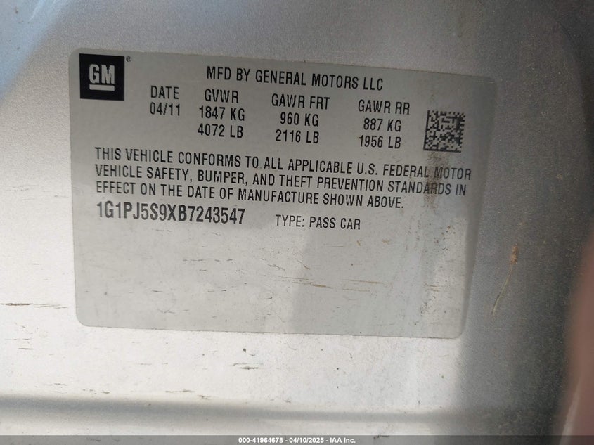 2011 CHEVROLET CRUZE VIN: 1G1PJ5S9XB7243547