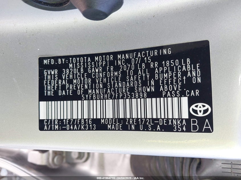 2015 TOYOTA COROLLA VIN: 5YFBURHE7FP353898