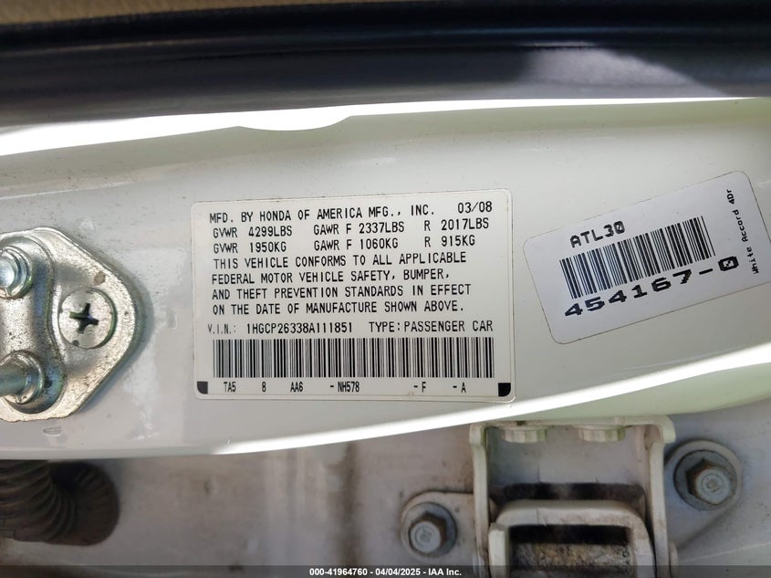 2008 HONDA ACCORD VIN: 1HGCP26338A111851
