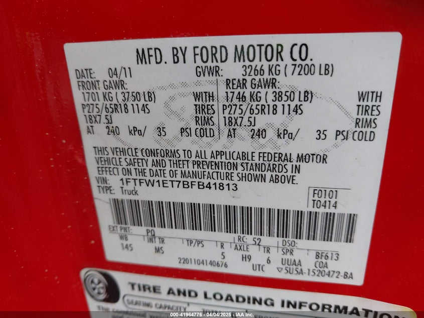 2011 Ford F-150 Xlt VIN: 1FTFW1ET7BFB41813 Lot: 41964776