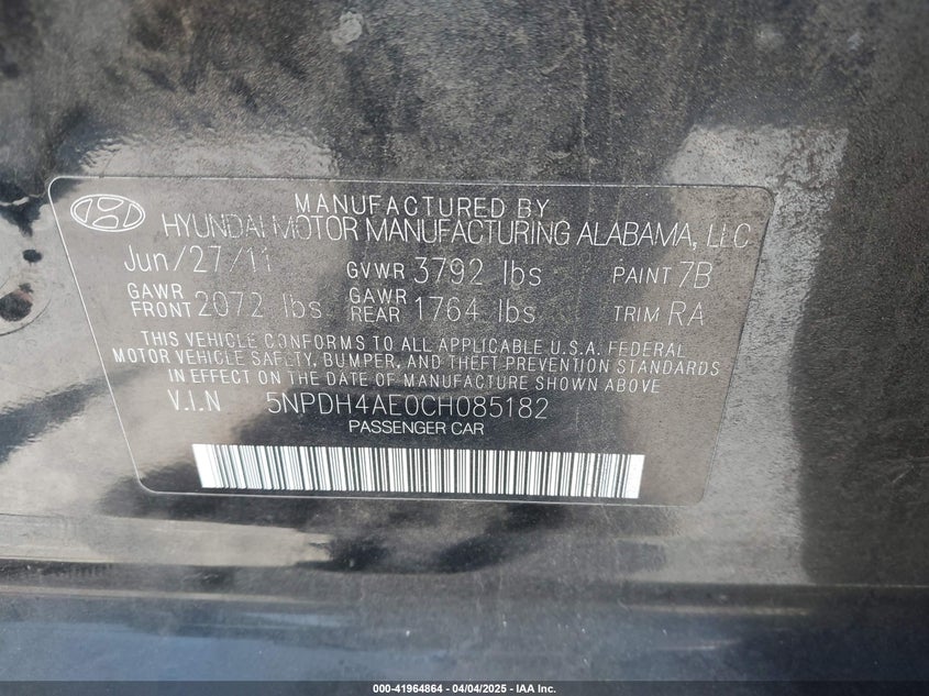 2012 HYUNDAI ELANTRA VIN: 5NPDH4AE0CH085182
