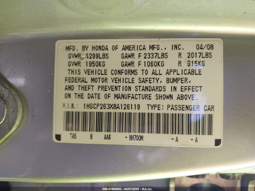 2008 Honda Accord 2.4 Lx VIN: 1HGCP263X8A126119 Lot: 41964863