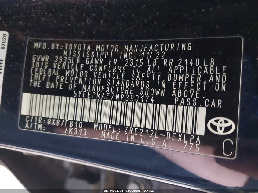 2022 TOYOTA COROLLA VIN: 5YFEPMAE7NP390174