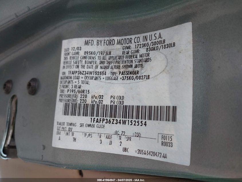 2004 Ford Focus Se VIN: 1FAFP36Z34W152554 Lot: 41964947