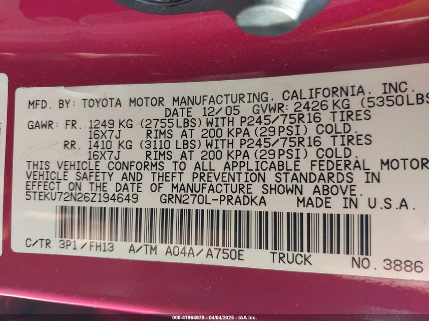 2006 TOYOTA TACOMA VIN: 5TEKU72N26Z194649