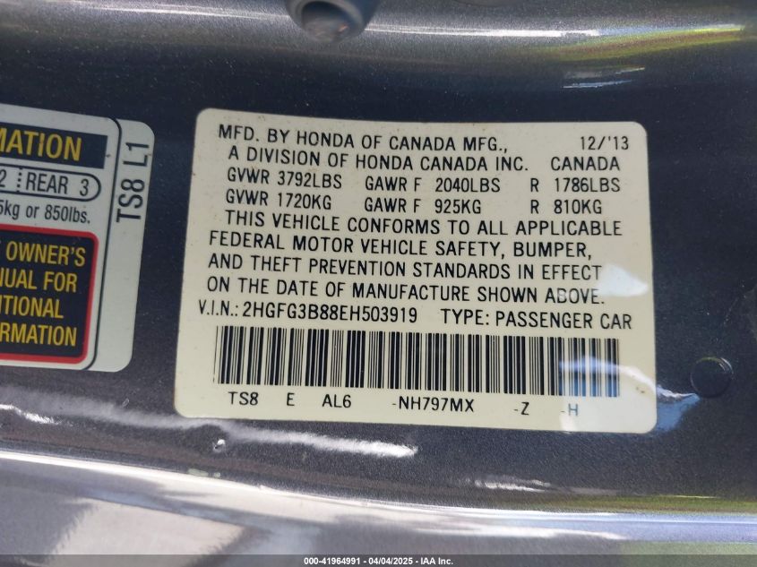 2014 Honda Civic Ex VIN: 2HGFG3B88EH5039 Lot: 41964991