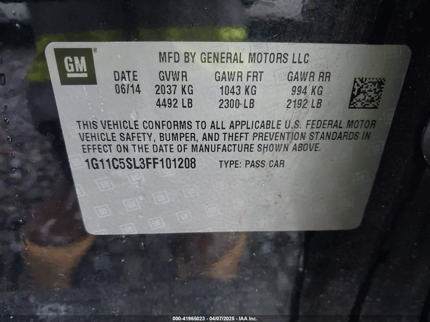 2015 CHEVROLET MALIBU VIN: 1G11C5SL3FF101208