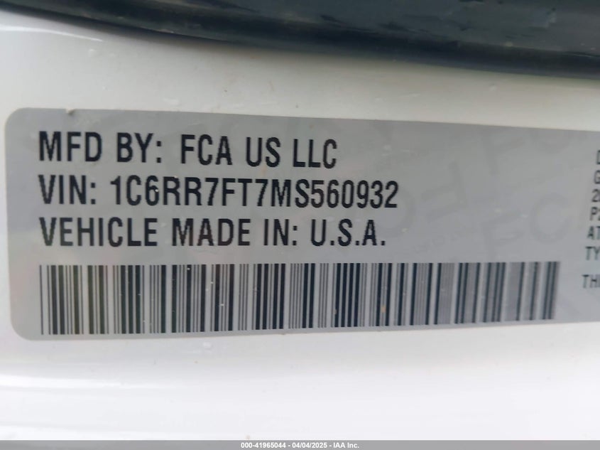 2021 RAM 1500 CLASSIC VIN: 1C6RR7FT7MS560932