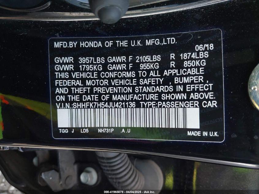 2018 Honda Civic Ex VIN: SHHFK7H54JU421136 Lot: 41965078