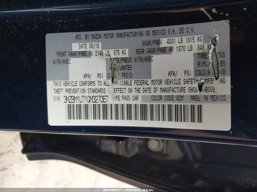 2016 MAZDA MAZDA3 VIN: 3MZBM1U71GM327067