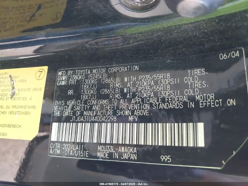 2004 Lexus Rx 330 VIN: JTJGA31U440042298 Lot: 41965178