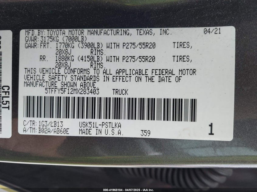 2021 TOYOTA TUNDRA VIN: 5TFFY5F12MX283403