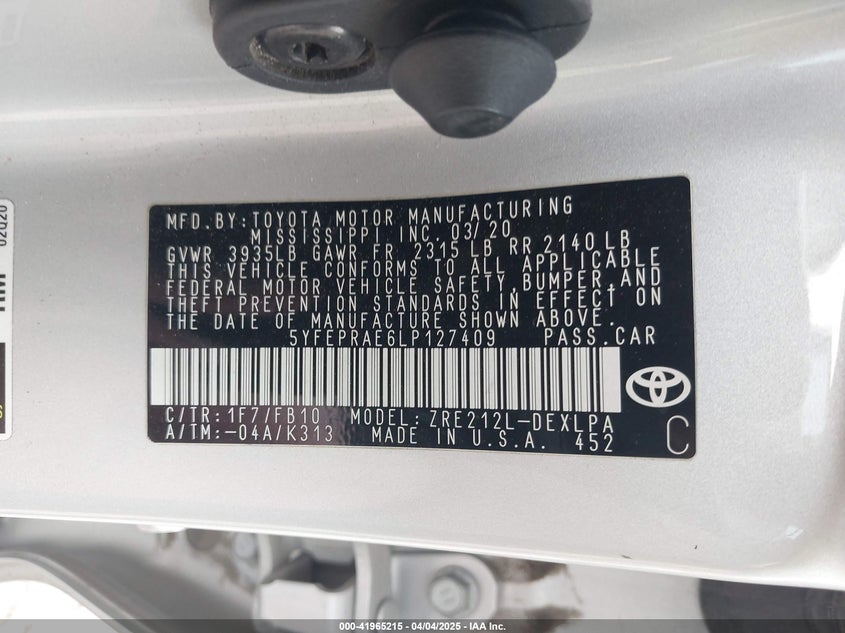 2020 TOYOTA COROLLA VIN: 5YFEPRAE6LP127409