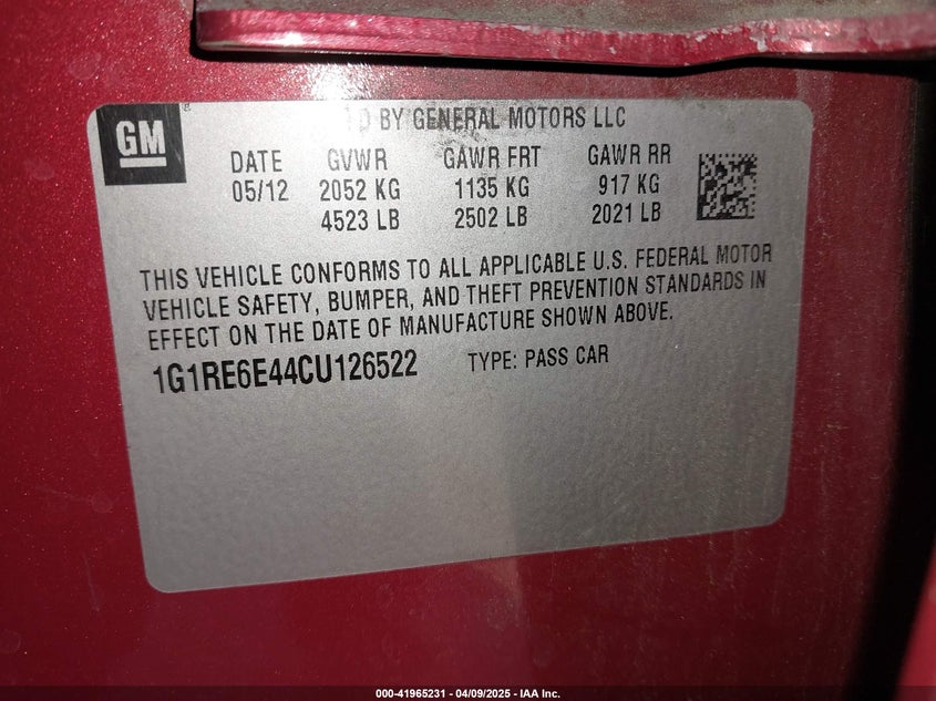 2012 CHEVROLET VOLT VIN: 1G1RE6E44CU126522