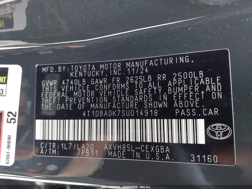 2025 TOYOTA CAMRY VIN: 4T1DBADK7SU014918