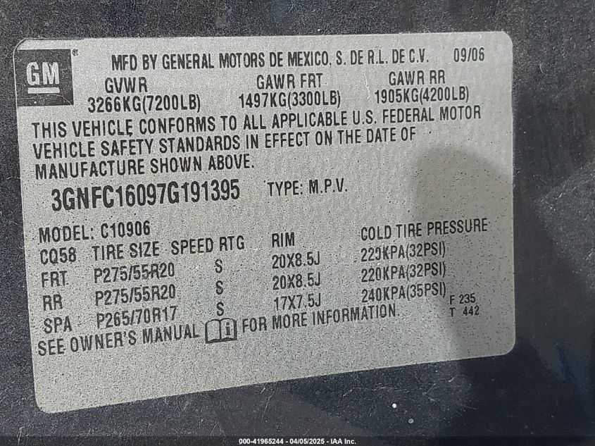 2007 Chevrolet Suburban 1500 Lt VIN: 3GNFC16097G191395 Lot: 41965244