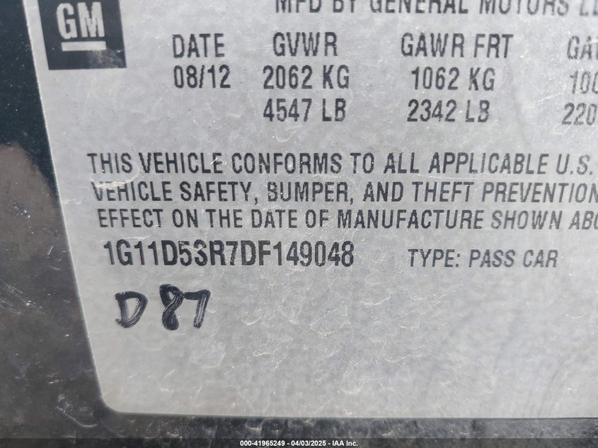 2013 CHEVROLET MALIBU VIN: 1G11D5SR7DF149048