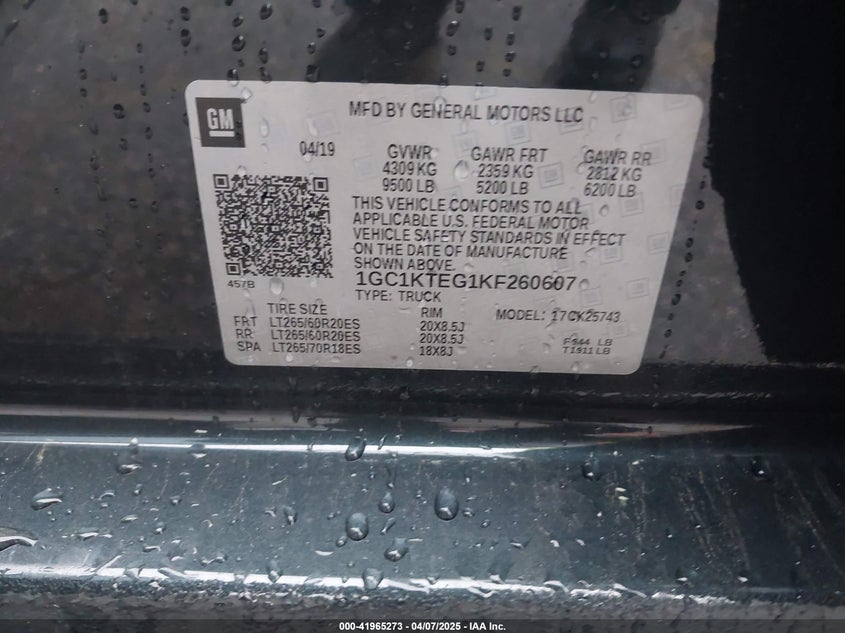 2019 CHEVROLET SILVERADO VIN: 1GC1KTEG1KF260607