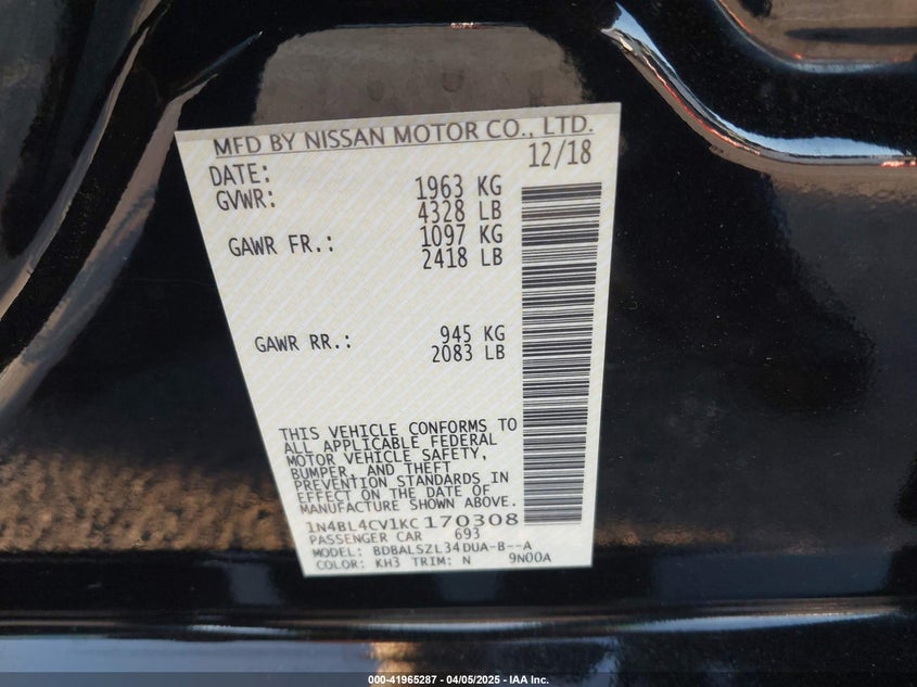 2019 NISSAN ALTIMA VIN: 1N4BL4CV1KC170308