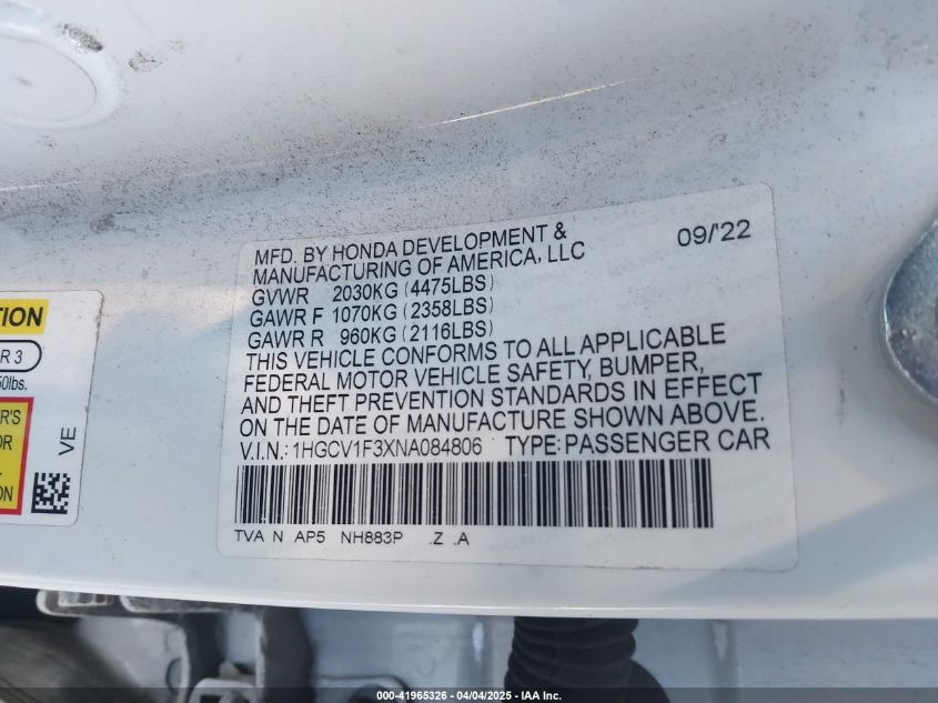 2022 Honda Accord Sport VIN: 1HGCV1F3XNA084806 Lot: 41965326
