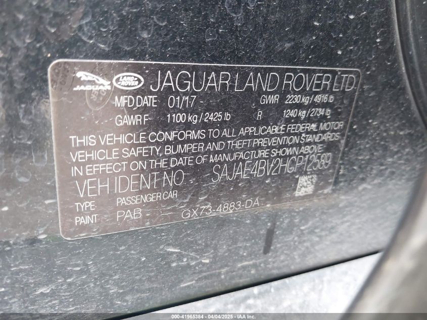 2017 Jaguar Xe 35T Prestige VIN: SAJAE4BV2HCP12589 Lot: 41965384