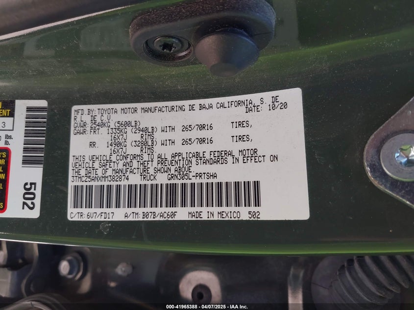 VIN 3TMCZ5ANXMM382874 2021 TOYOTA TACOMA TRD OFF-ROAD