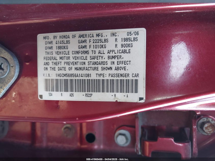 2006 HONDA ACCORD VIN: 1HGCM56856A141081