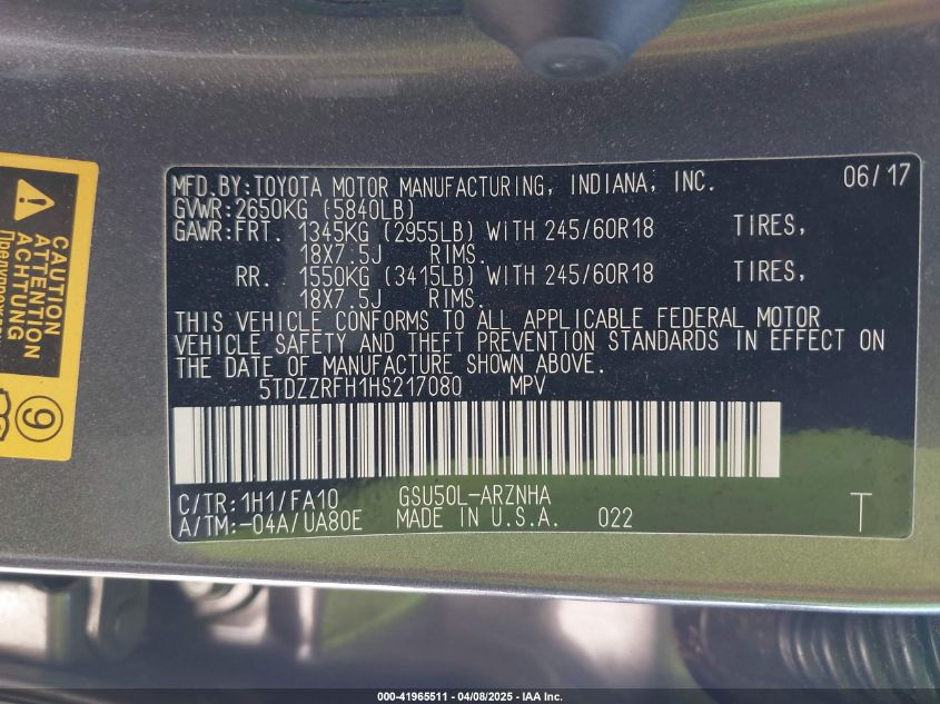 2017 Toyota Highlander Le Plus VIN: 5TDZZRFH1HS217080 Lot: 41965511