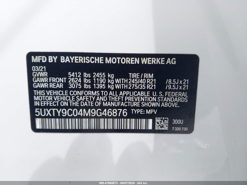 2021 BMW X3 M40I - 5UXTY9C04M9G46876