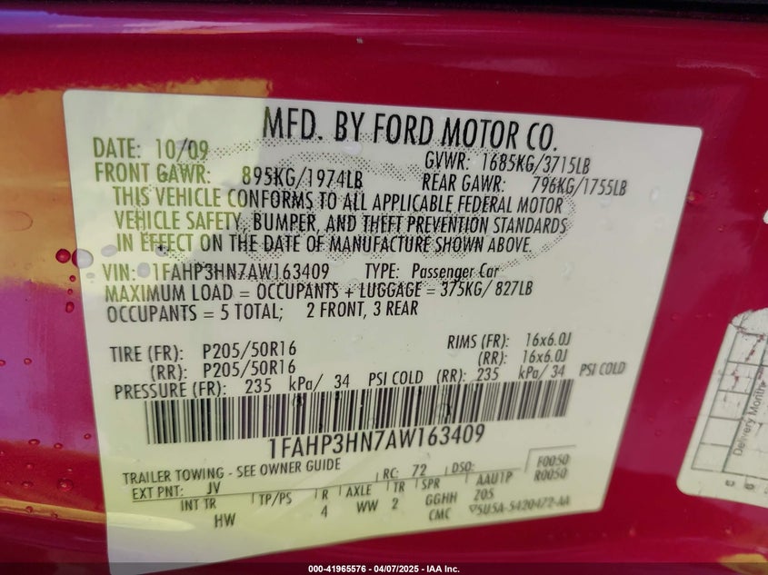 2010 FORD FOCUS VIN: 1FAHP3HN7AW163409