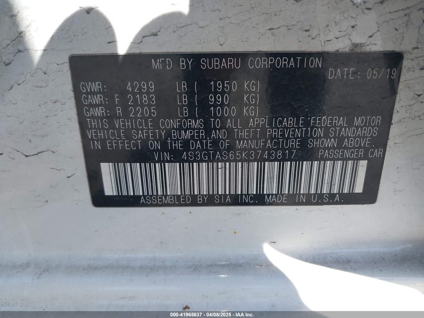 2019 SUBARU IMPREZA VIN: 4S3GTAS65K3743817