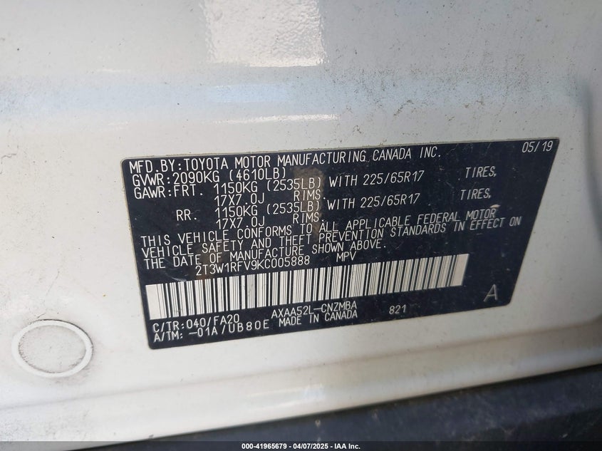 2019 TOYOTA RAV4 VIN: 2T3W1RFV9KC005888
