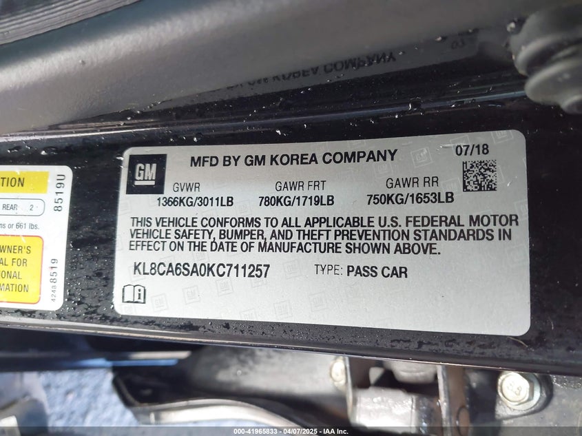 VIN KL8CA6SA0KC711257 2019 CHEVROLET SPARK LS MANUAL