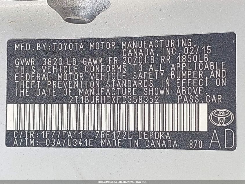 2015 Toyota Corolla L VIN: 2T1BURHEXFC358352 Lot: 41965834