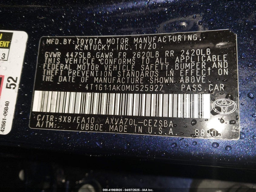 2021 TOYOTA CAMRY VIN: 4T1G11AK0MU525927