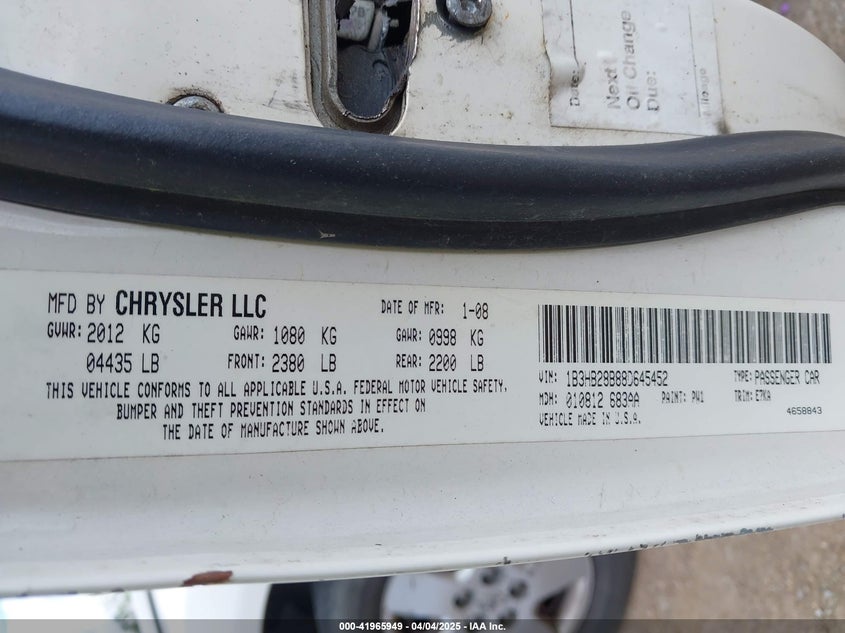 2008 DODGE CALIBER VIN: 1B3HB28B88D645452