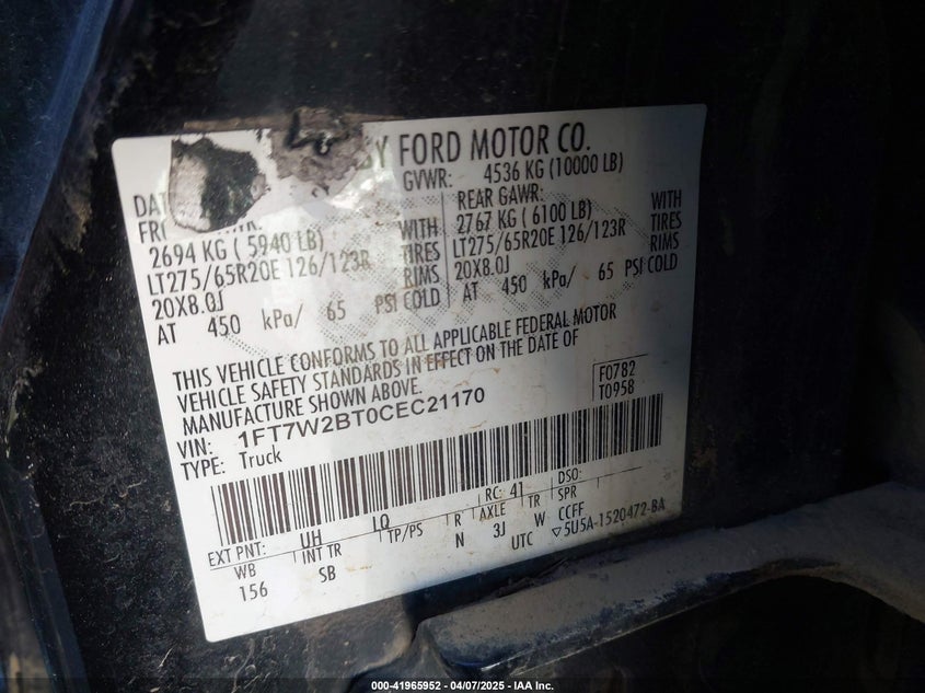2012 FORD F-250 VIN: 1FT7W2BT0CEC21170