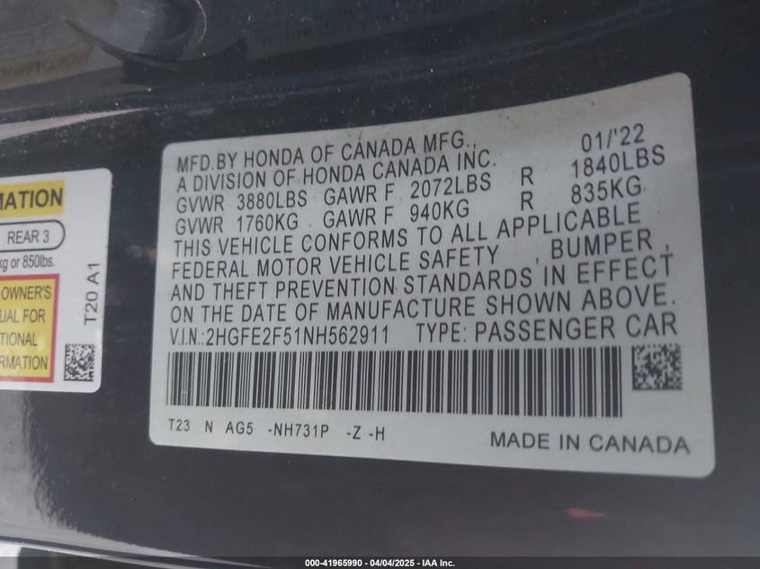 2022 HONDA CIVIC VIN: 2HGFE2F51NH562911