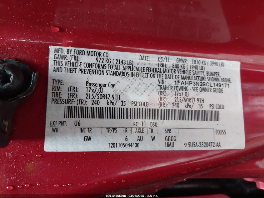 2012 FORD FOCUS VIN: 1FAHP3N29CL149171