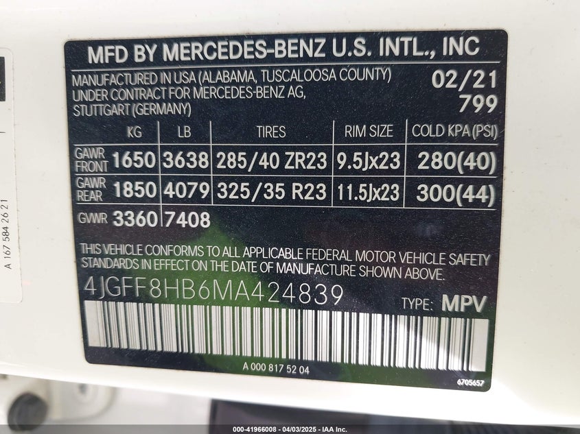 VIN 4JGFF8HB6MA424839 2021 MERCEDES-BENZ MAYBACH GLS 600 4MATIC
