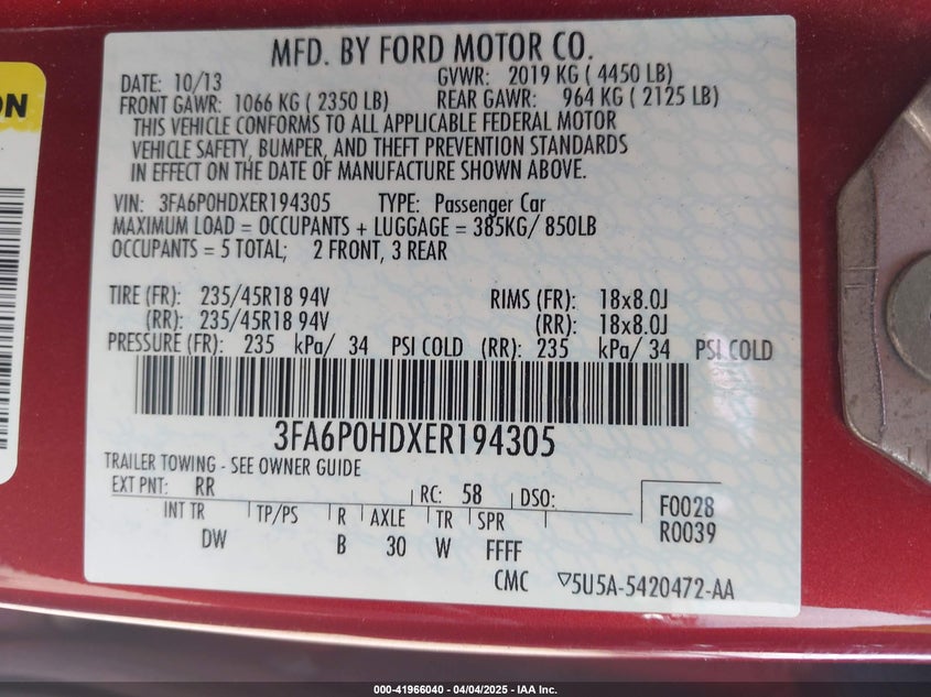 2014 FORD FUSION VIN: 3FA6P0HDXER194305