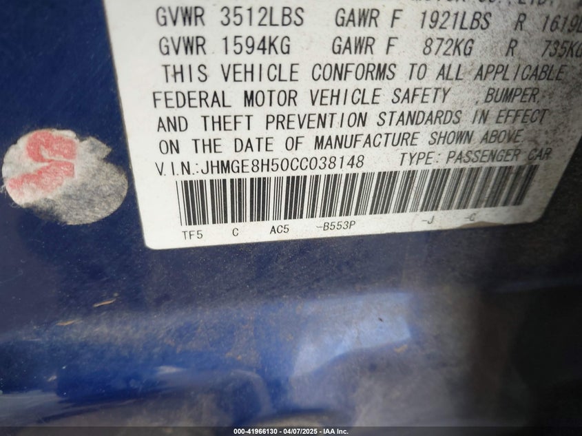 2012 HONDA FIT VIN: JHMGE8H50CC038148
