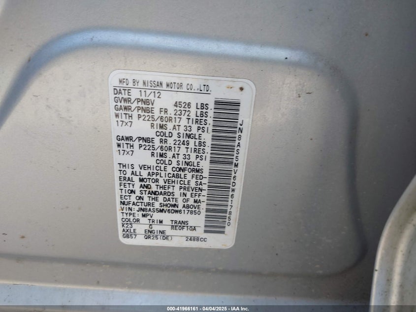 2013 NISSAN ROGUE VIN: JN8AS5MV6DW617850